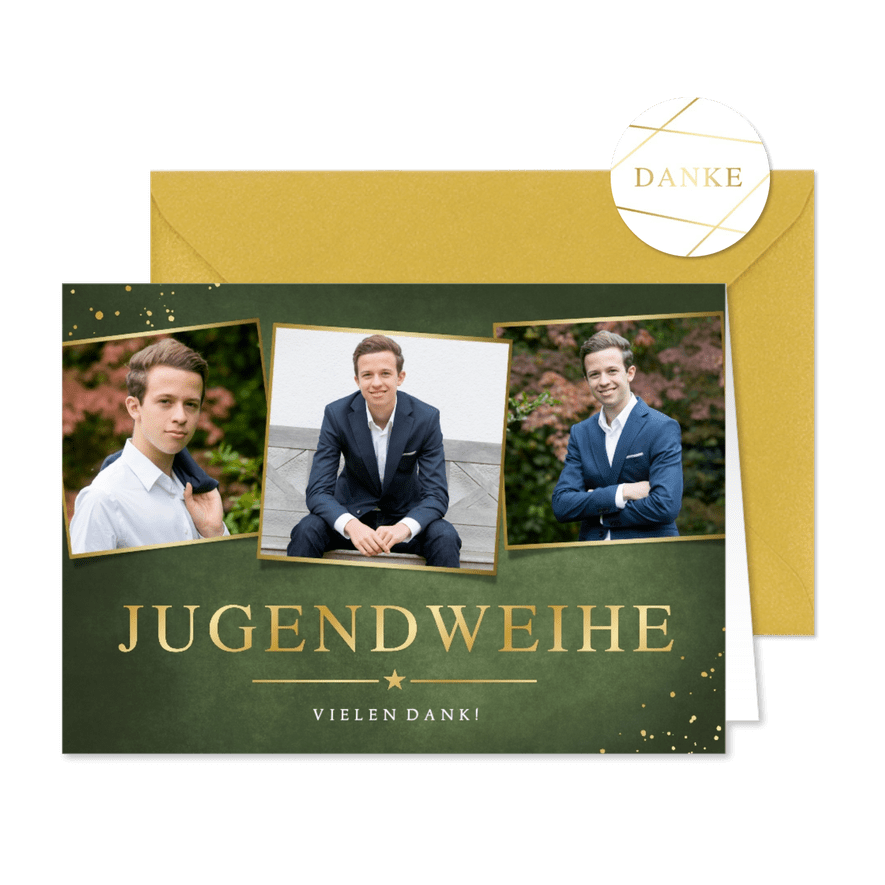 Danksagung zur Jugendweihe Fotocollage gold - Kartenvorschau

