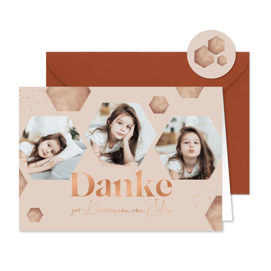 Danksagung zur Kommunion beige Sechsecke & Fotos - Karteneindruck