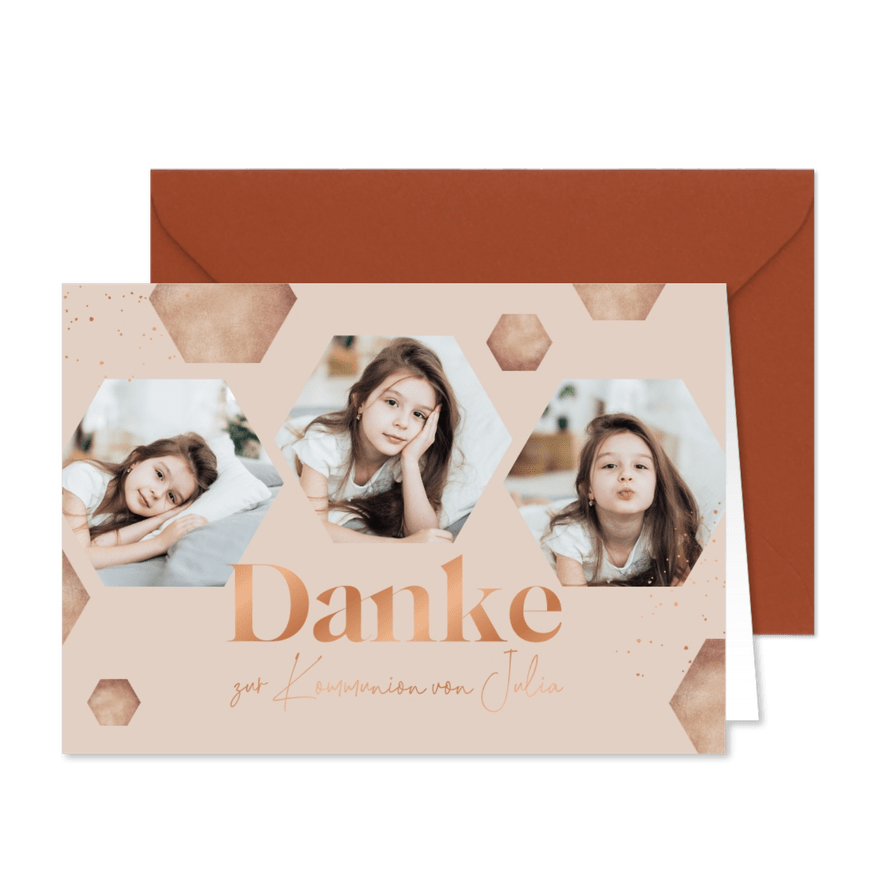 Danksagung zur Kommunion beige Sechsecke & Fotos - Karteneindruck