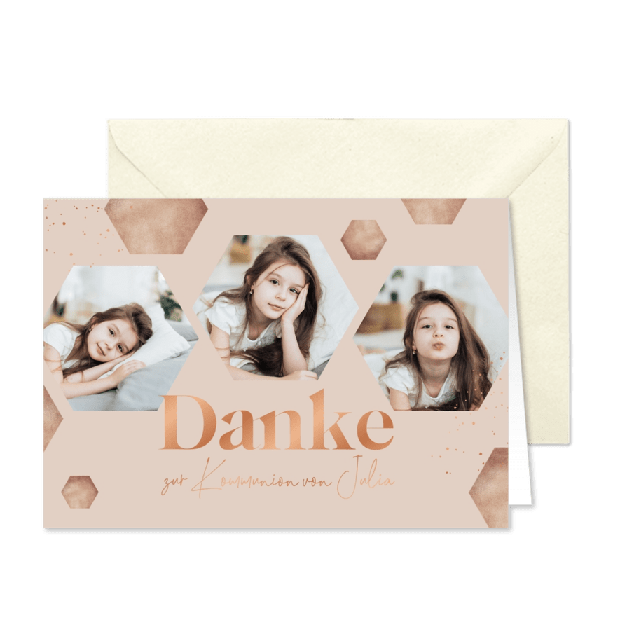 Danksagung zur Kommunion beige Sechsecke & Fotos - Karteneindruck
