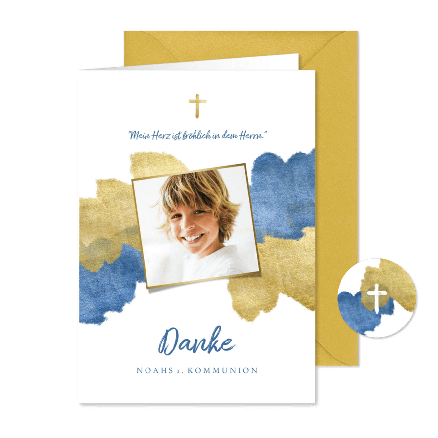 Danksagung zur Kommunion blaue Metallic-Akzente und Foto - Karteneindruck