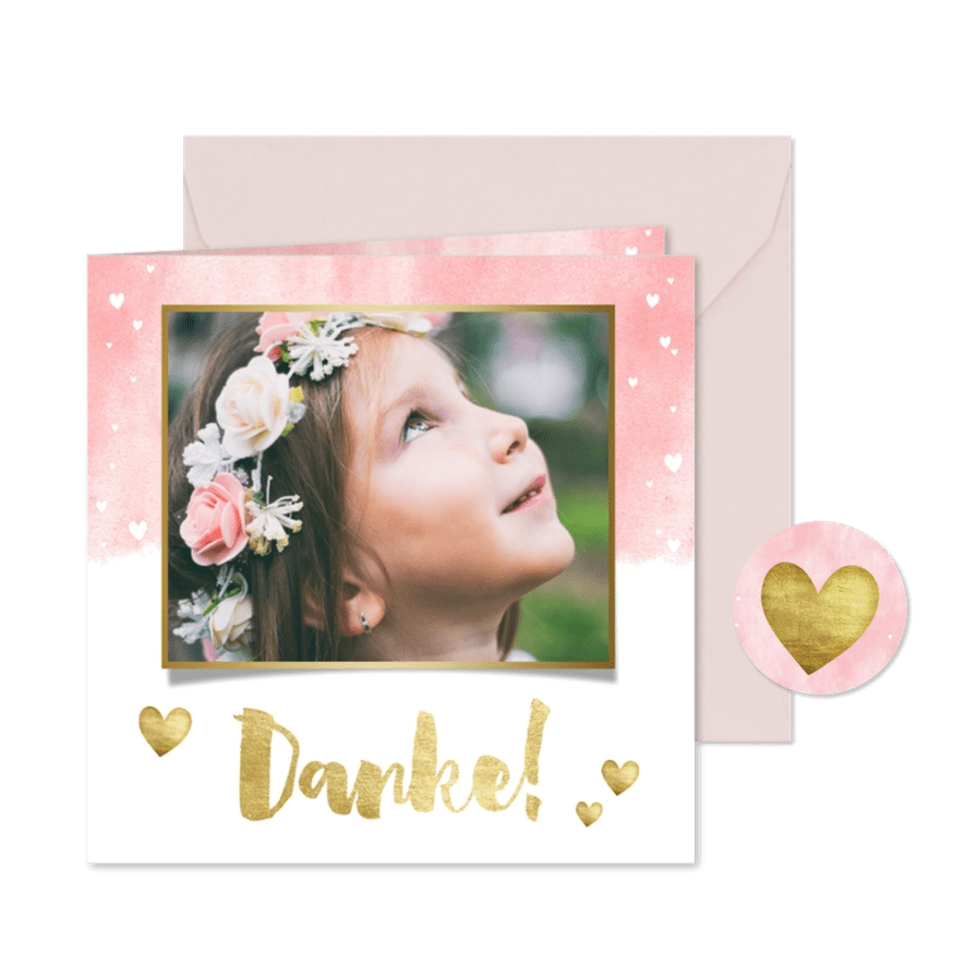 Danksagung zur Kommunion Foto, Herzen & Goldakzente - Karteneindruck