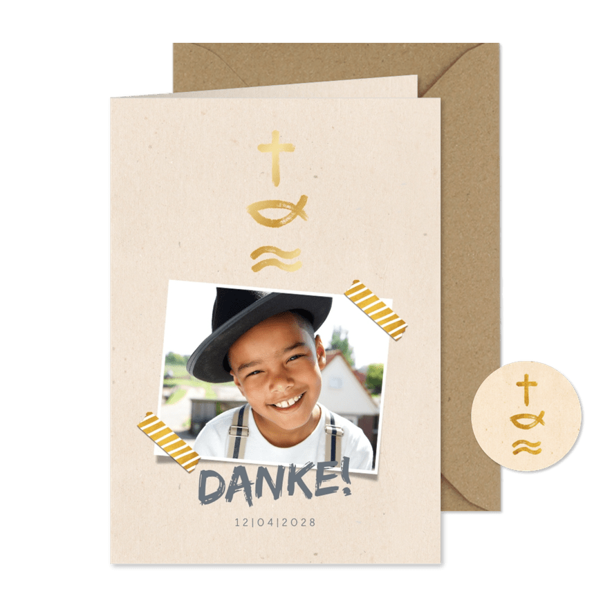 Danksagung zur Kommunion Foto & Symbole in Gold - Karteneindruck
