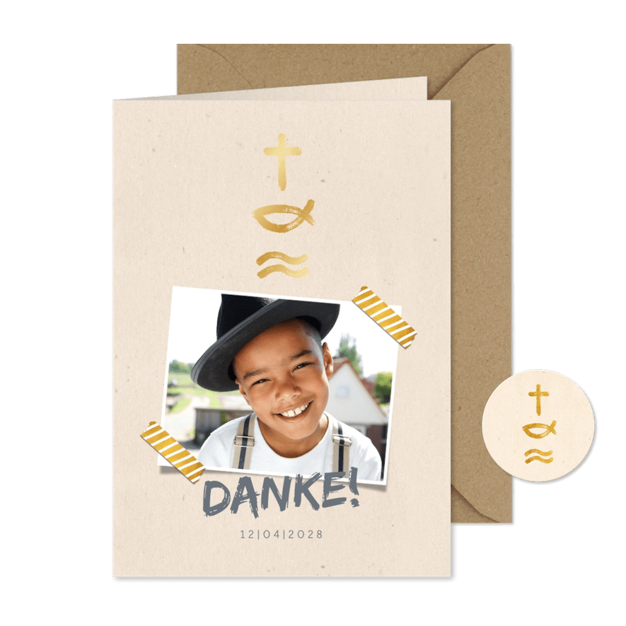 Danksagung zur Kommunion Foto & Symbole in Gold - Karteneindruck
