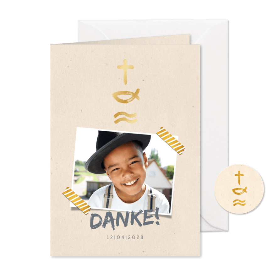 Danksagung zur Kommunion Foto & Symbole in Gold - Karteneindruck
