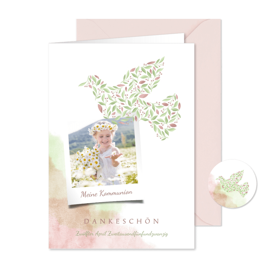 Danksagung zur Kommunion Foto & Taube - Karteneindruck