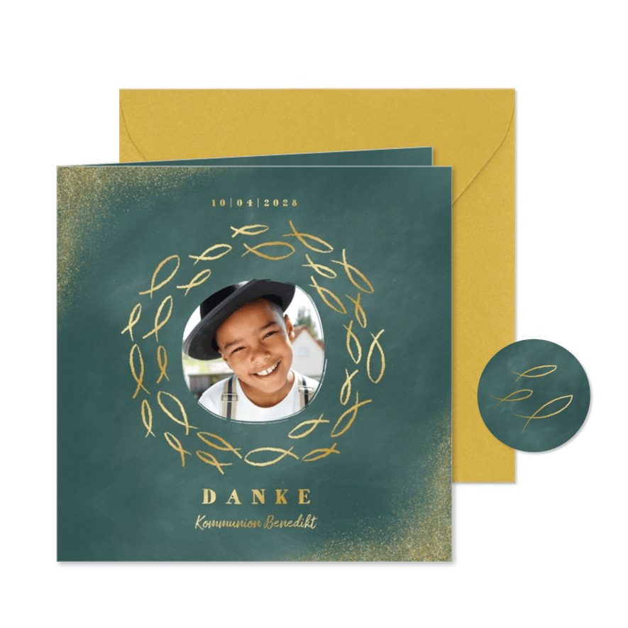 Danksagung zur Kommunion Foto und Goldfische - Karteneindruck