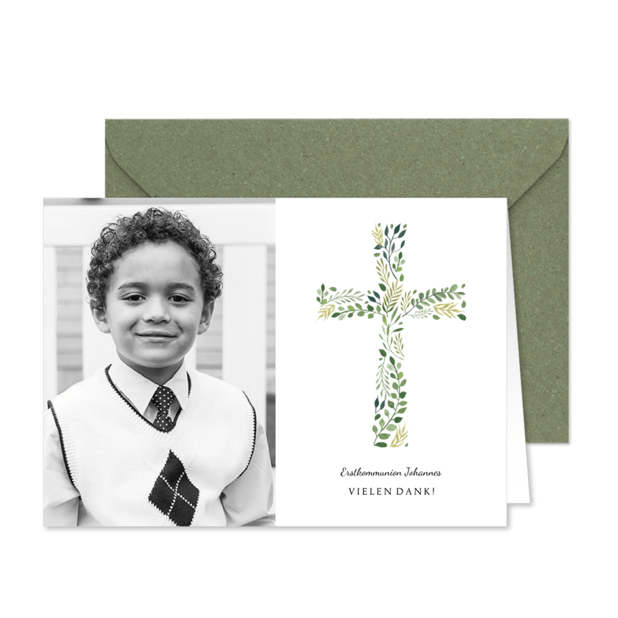 Danksagung zur Kommunion Foto und Kreuz botanisch - Karteneindruck