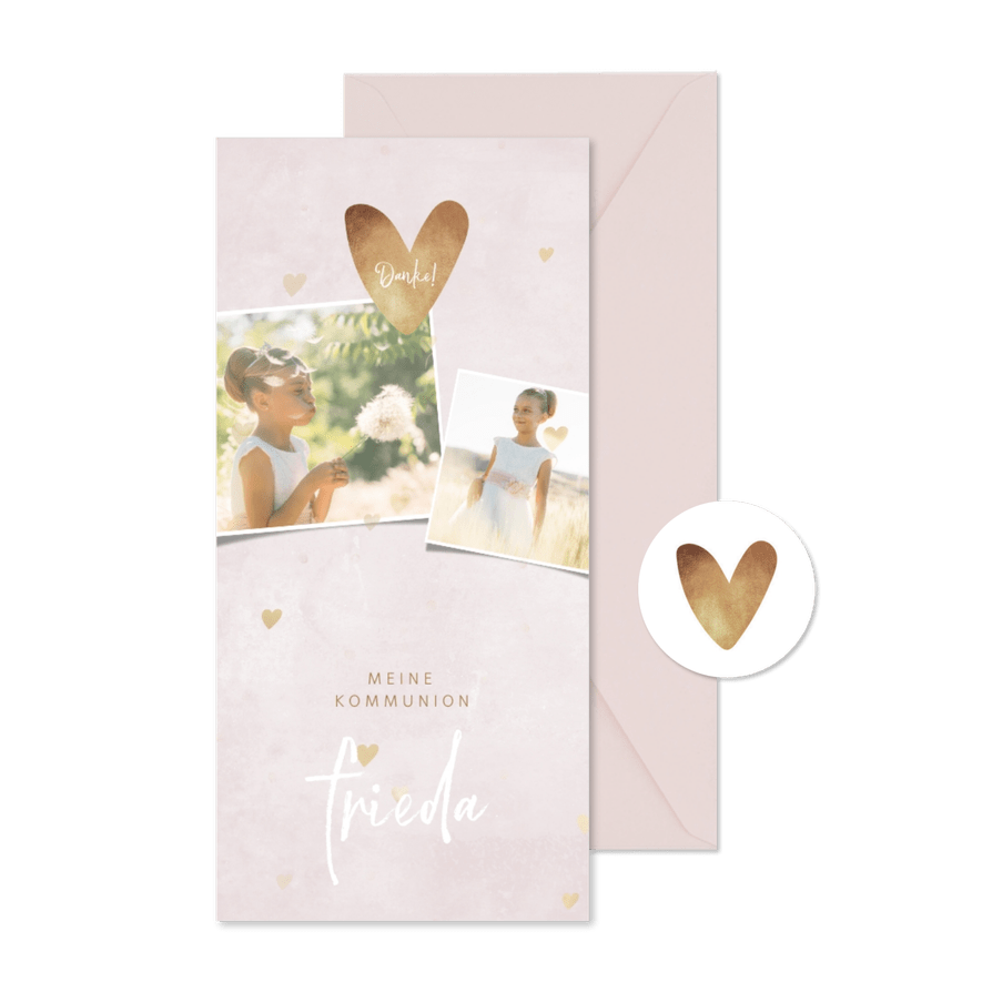 Danksagung zur Kommunion Fotocollage zarte Herzen - Karteneindruck
