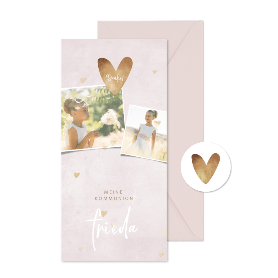Danksagung zur Kommunion Fotocollage zarte Herzen - Karteneindruck