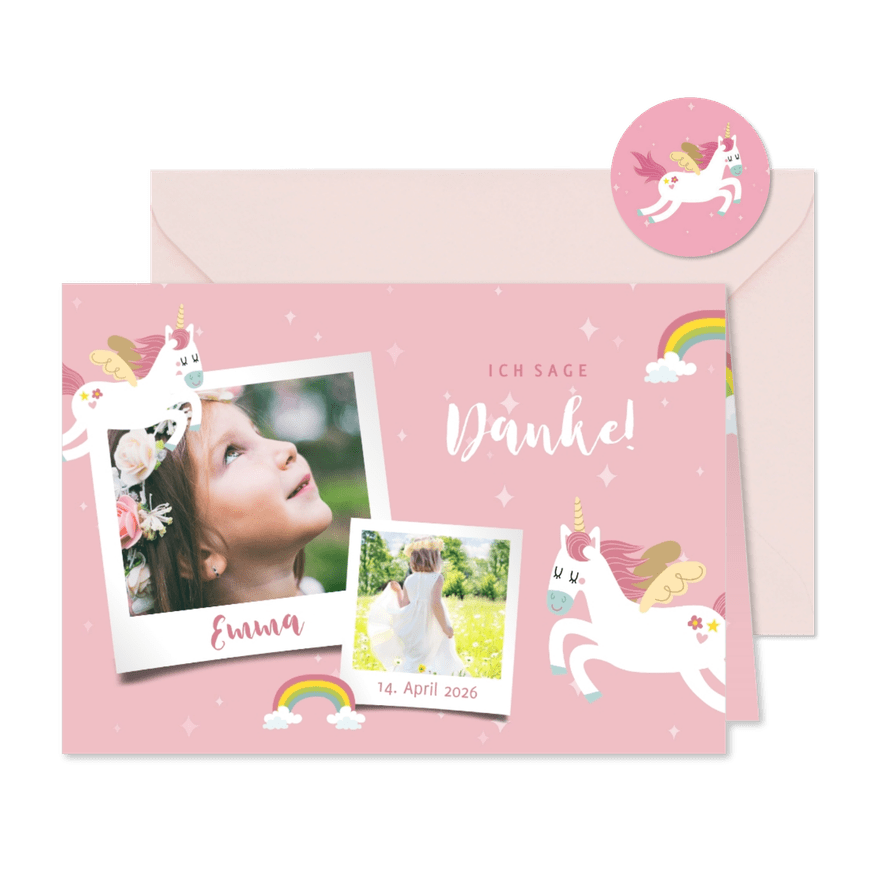 Danksagung zur Kommunion Fotos & Einhorn - Karteneindruck