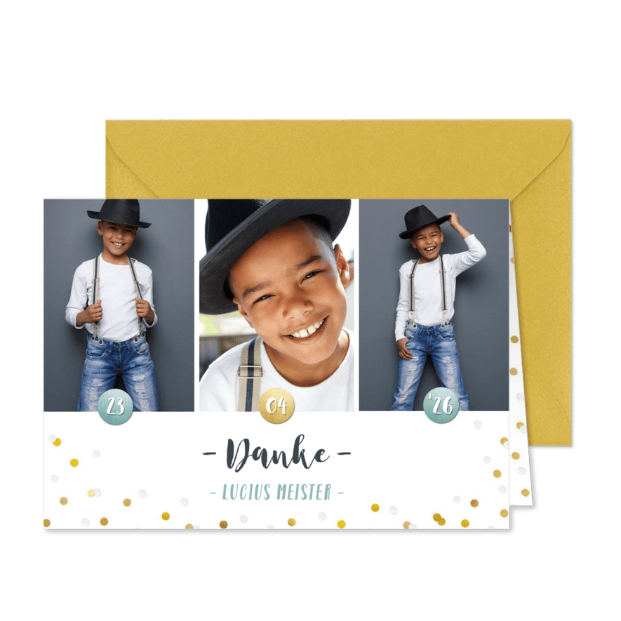 Danksagung zur Kommunion Fotos & Konfetti blau - Karteneindruck