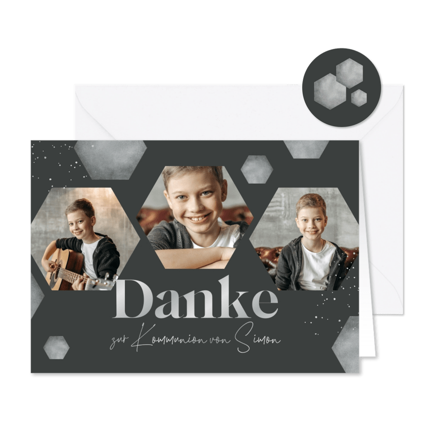 Danksagung zur Kommunion graue Sechsecke & Fotos - Kartenvorschau
