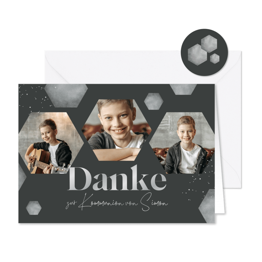 Danksagung zur Kommunion graue Sechsecke & Fotos - Karteneindruck