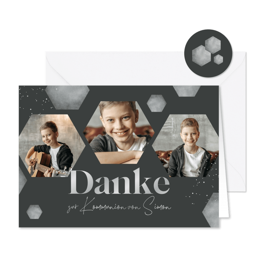 Danksagung zur Kommunion graue Sechsecke & Fotos - Karteneindruck