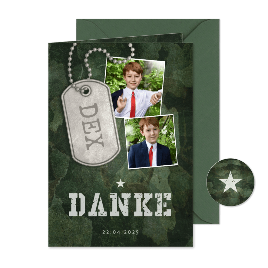 Danksagung zur Kommunion grüner Militarylook & Fotos - Karteneindruck