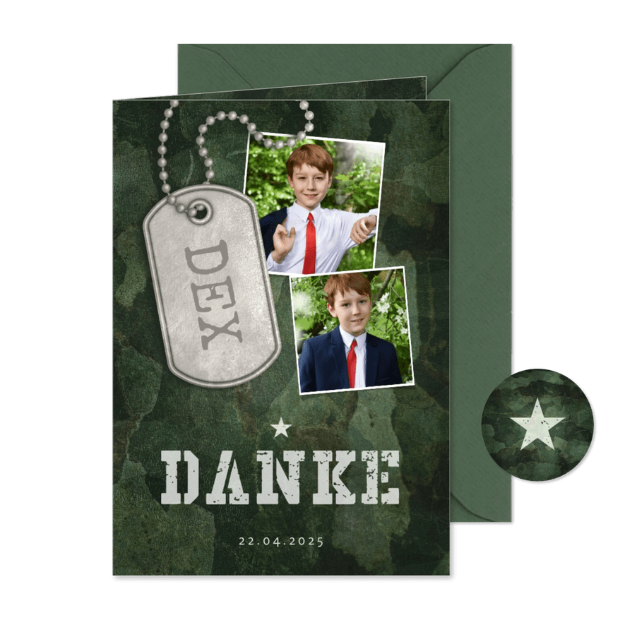 Danksagung zur Kommunion grüner Militarylook & Fotos - Karteneindruck

