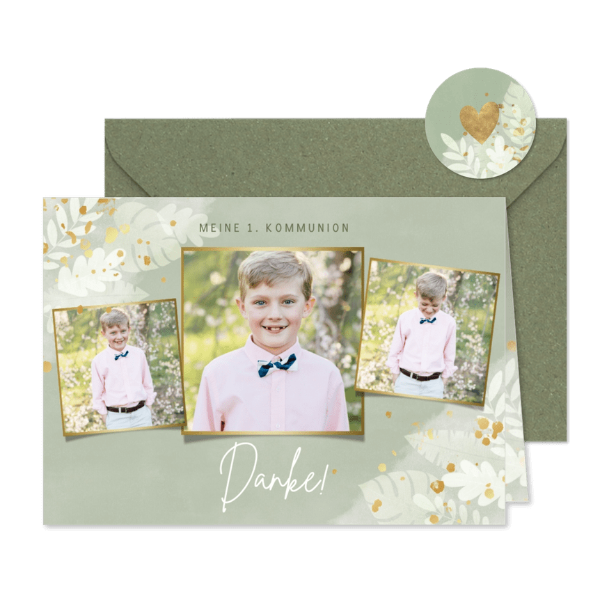 Danksagung zur Kommunion mit Blättern, Fotos & Gold - Karteneindruck