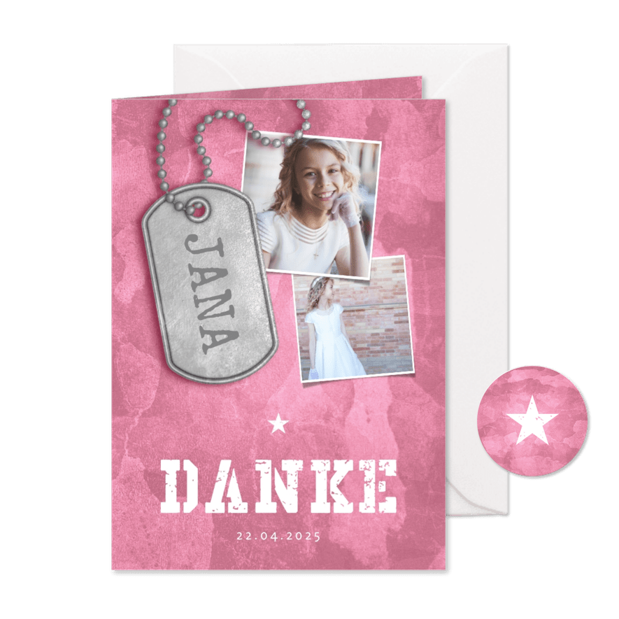 Danksagung zur Kommunion rosa Militarylook & Fotos - Karteneindruck
