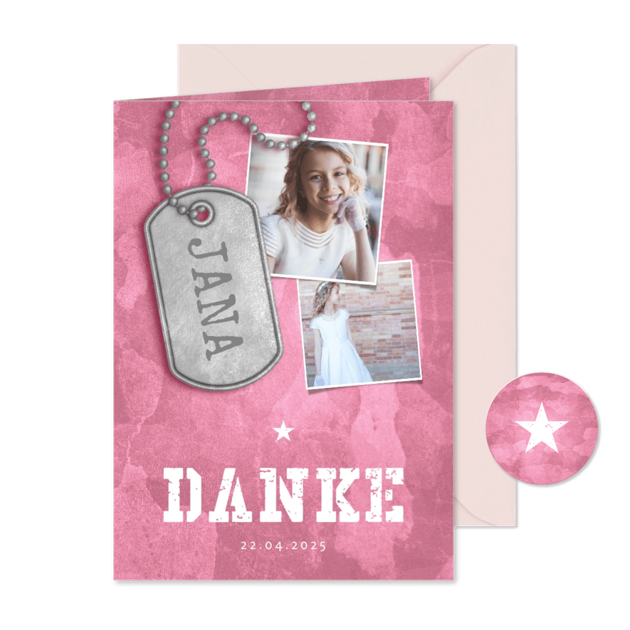 Danksagung zur Kommunion rosa Militarylook & Fotos - Karteneindruck