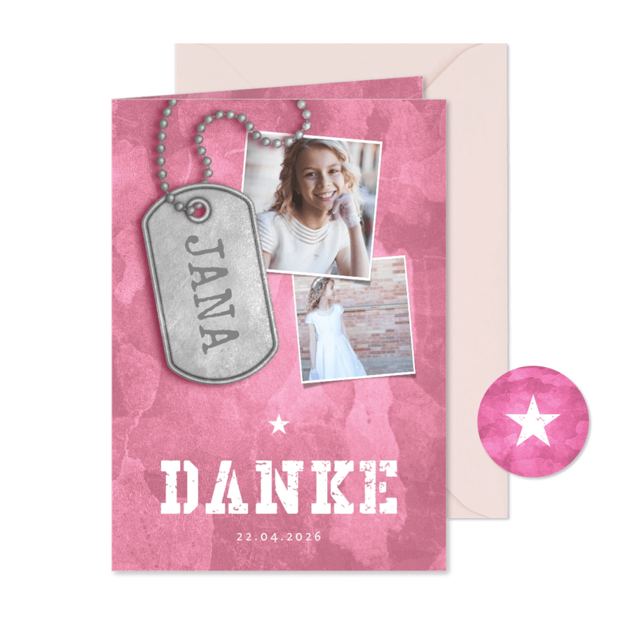 Danksagung zur Kommunion rosa Militarylook & Fotos - Karteneindruck