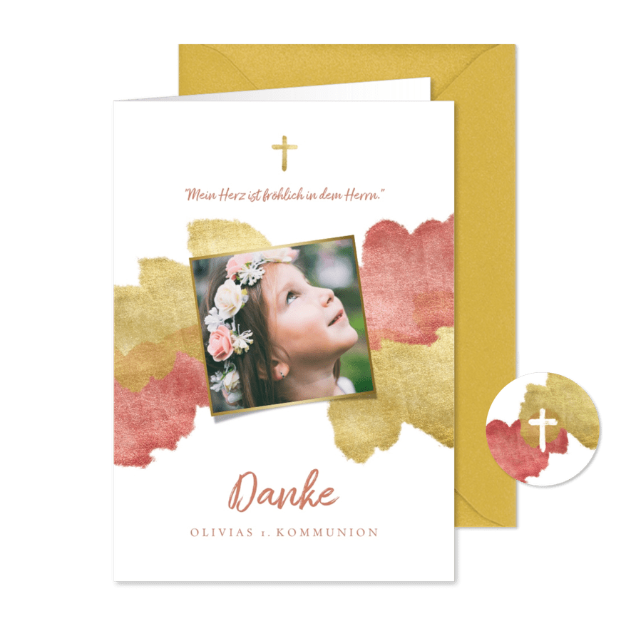 Danksagung zur Kommunion rosé Metallic-Akzente und Foto - Karteneindruck
