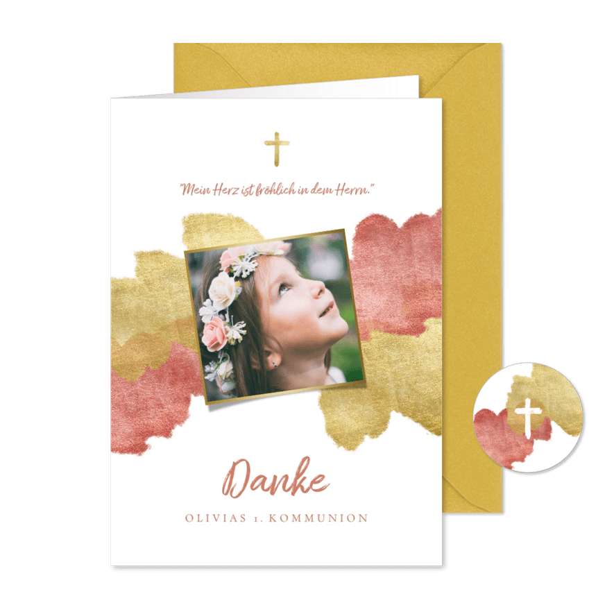 Danksagung zur Kommunion rosé Metallic-Akzente und Foto - Karteneindruck