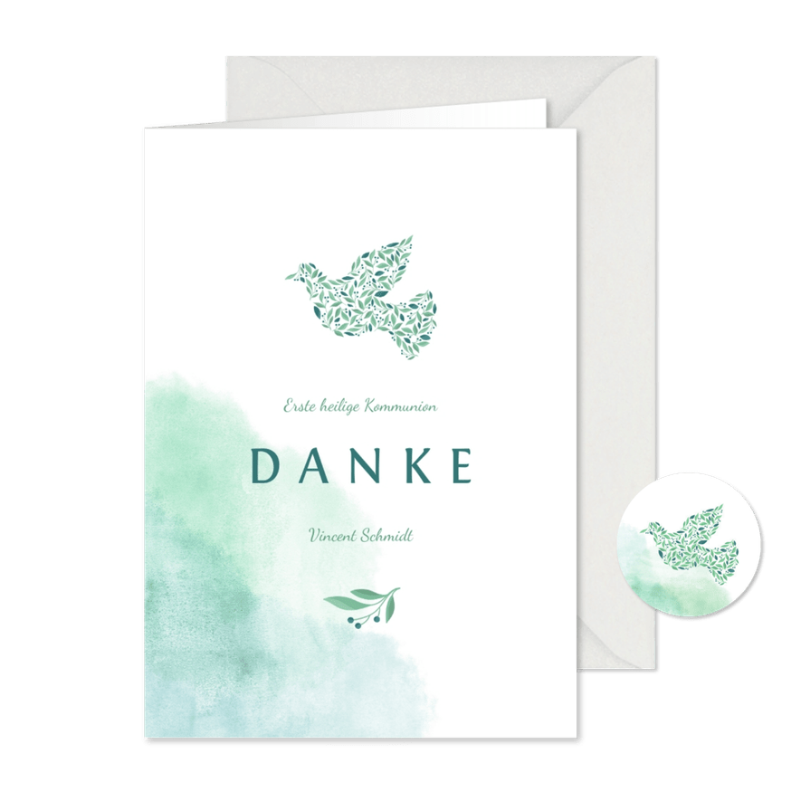 Danksagung zur Kommunion Taube botanisch Wasserfarbe - Kartenvorschau