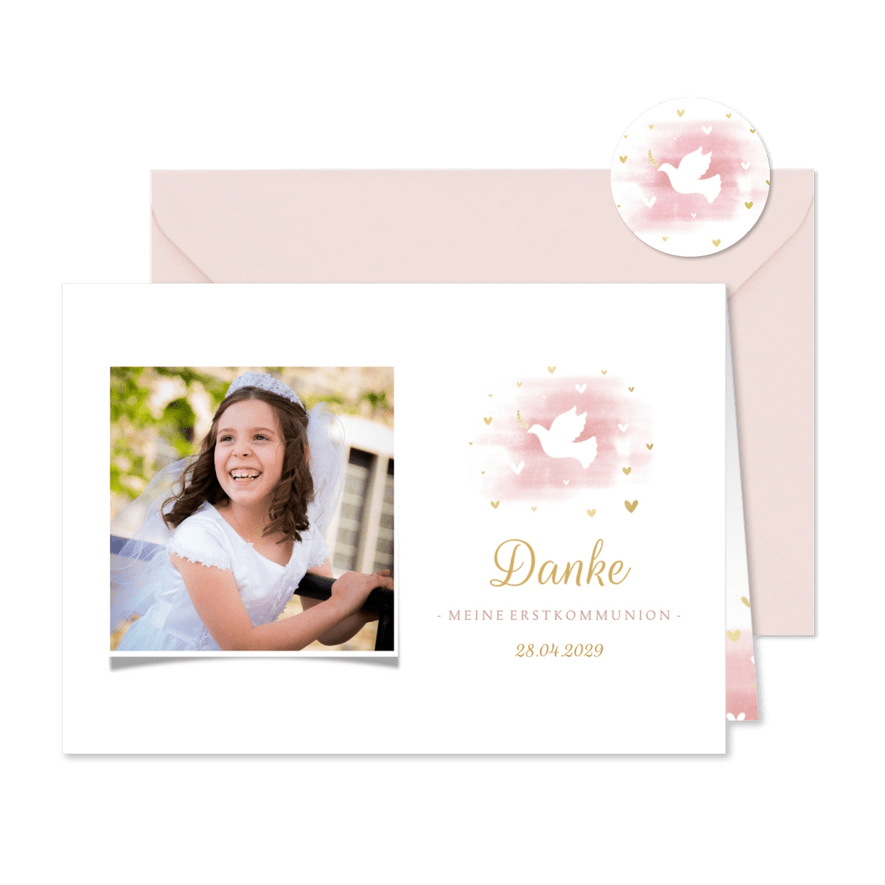 Danksagung zur Kommunion Wasserfarbe rosa Taube - Karteneindruck