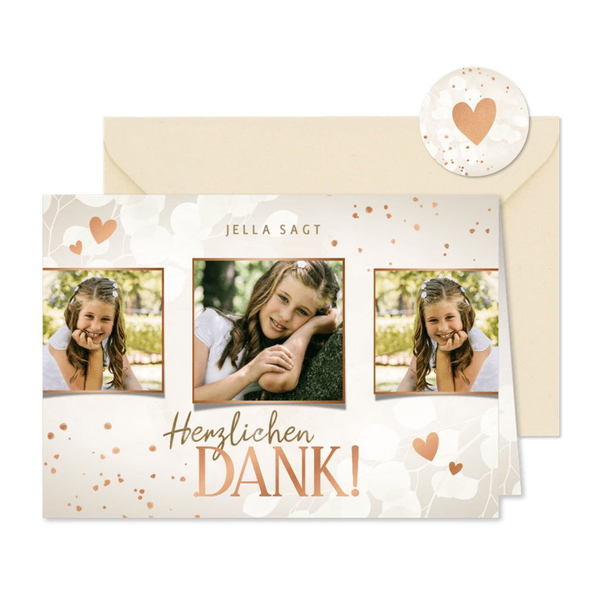 Danksagung zur Kommunionsfeier Herzen, Eukalyptus & Fotos - Karteneindruck