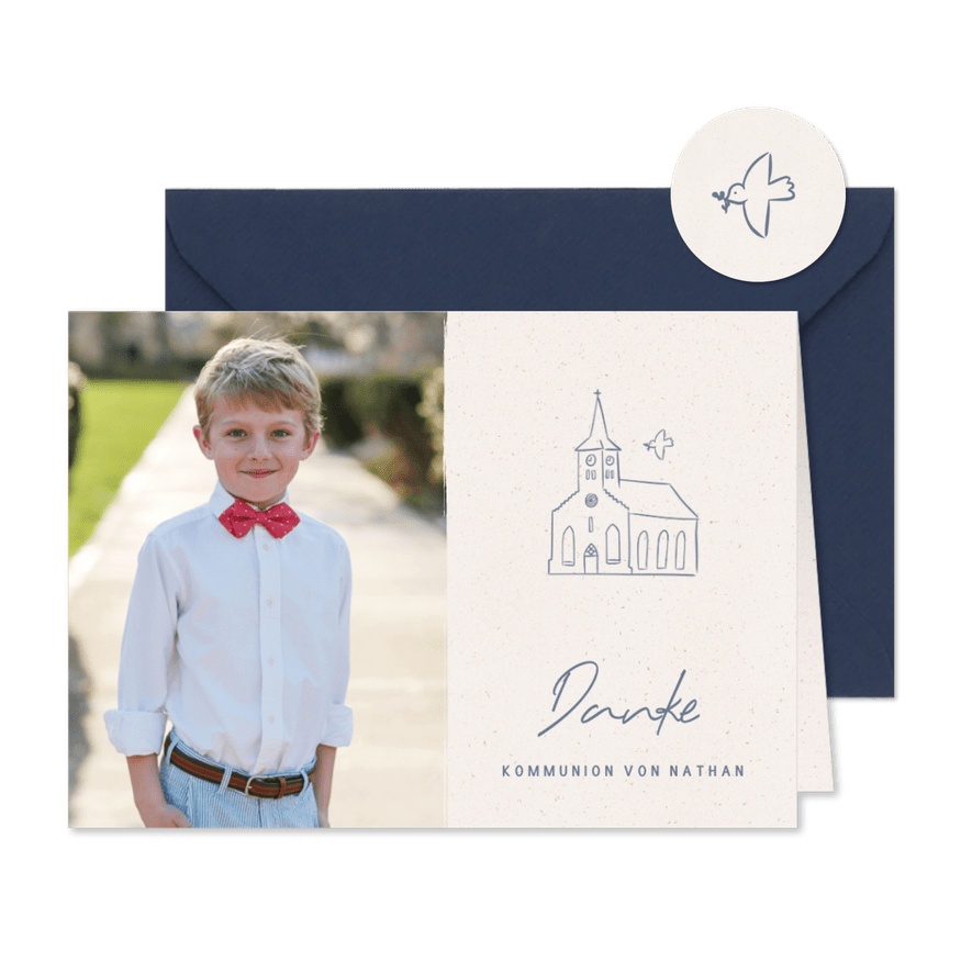 Danksagung zur Kommunionsfeier Kirche, Taube & Foto - Karteneindruck

