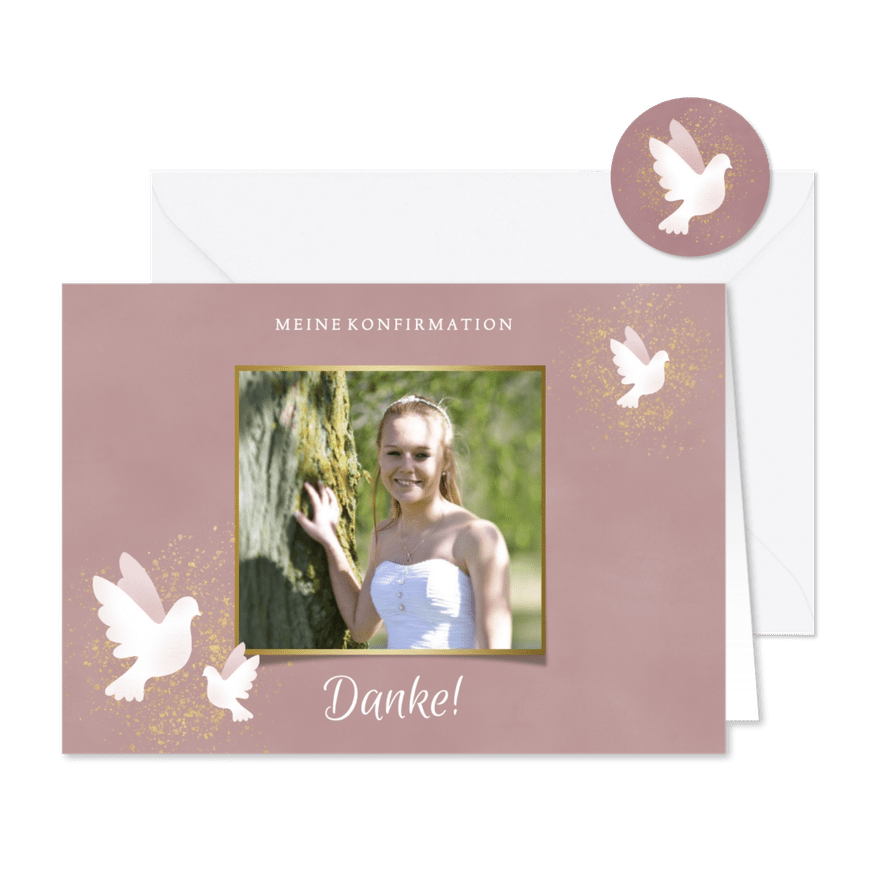 Danksagung zur Konfirmation Foto & weiße Tauben - Karteneindruck