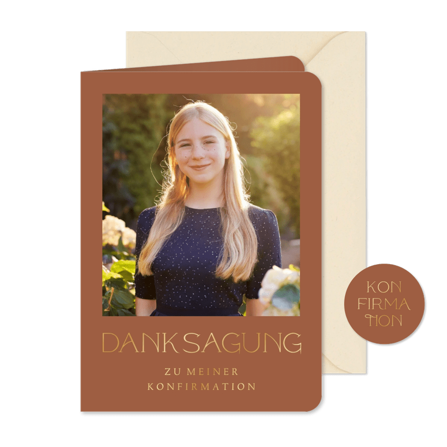 Danksagung zur Konfirmation Foto und goldene Schrift - Karteneindruck