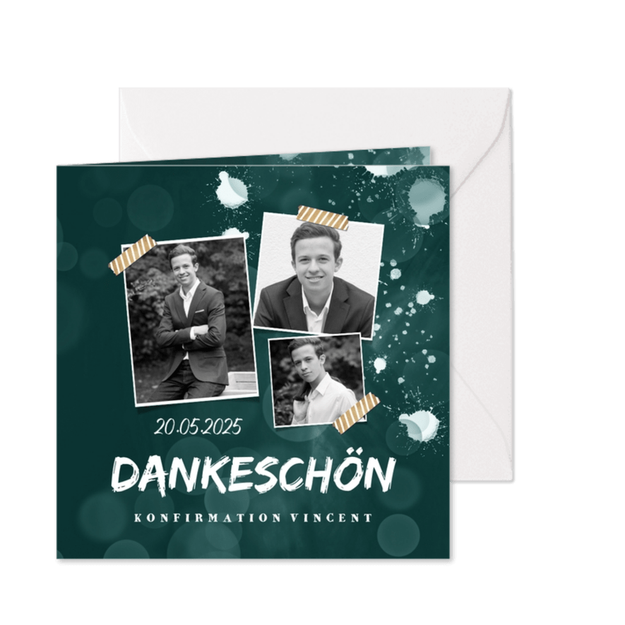 Danksagung zur Konfirmation Fotocollage & Farbspritzer - Karteneindruck
