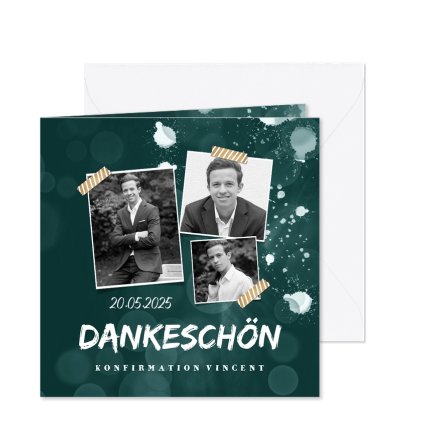 Danksagung zur Konfirmation Fotocollage & Farbspritzer - Karteneindruck