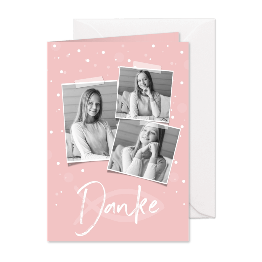 Danksagung zur Konfirmation Fotos, weiße Konfetti & Fisch - Karteneindruck
