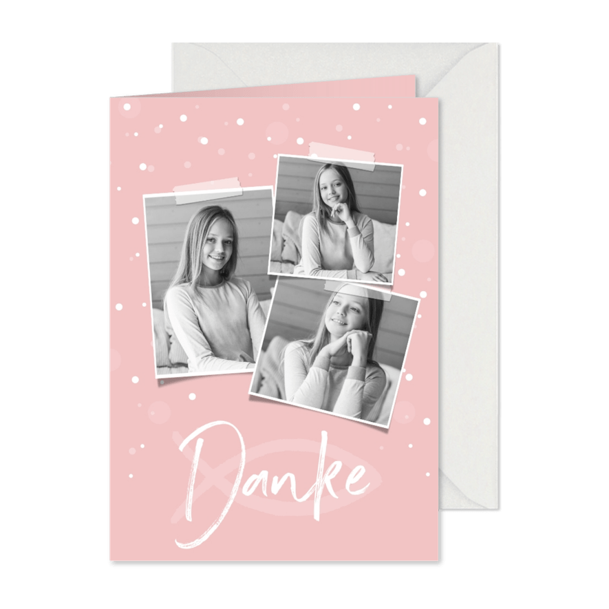 Danksagung zur Konfirmation Fotos, weiße Konfetti & Fisch - Kartenvorschau
