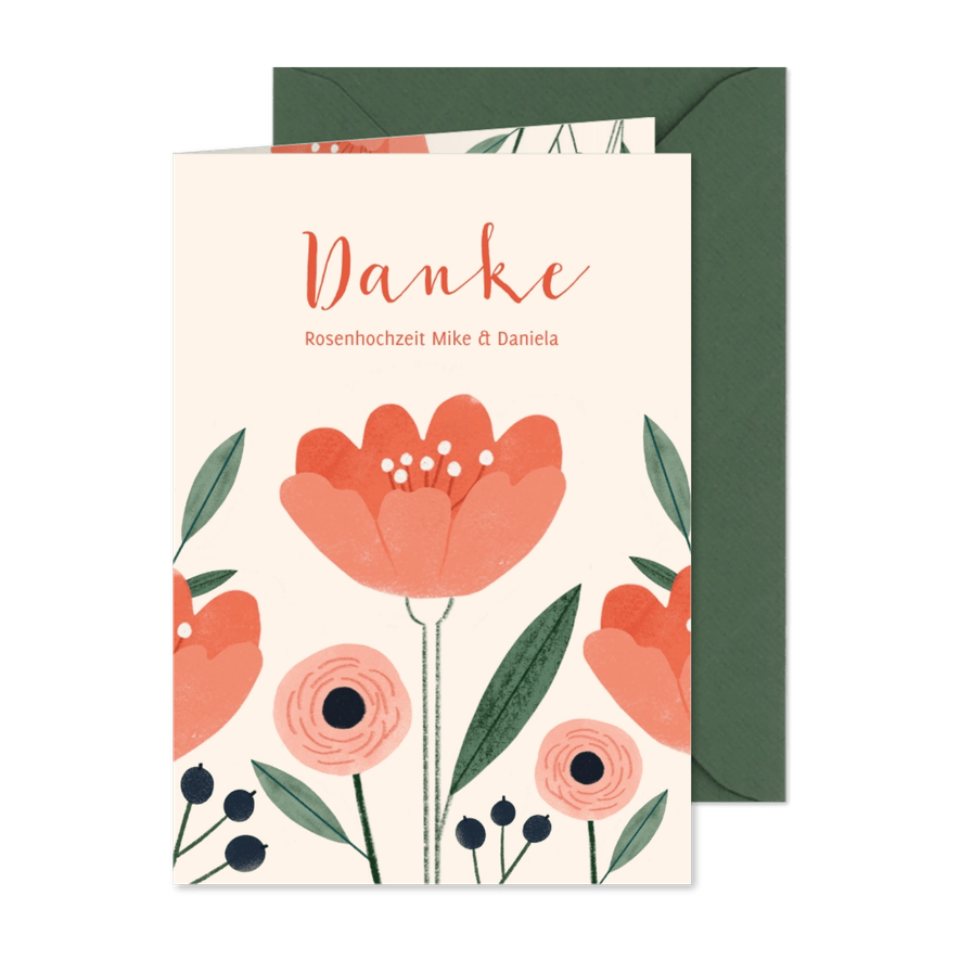 Danksagung zur Rosenhochzeit Rose und Blumen - Karteneindruck
