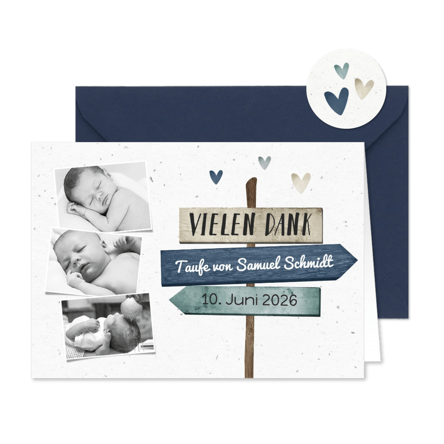 Danksagung zur Taufe blau Fotos, Wegweiser und Herzen - Karteneindruck
