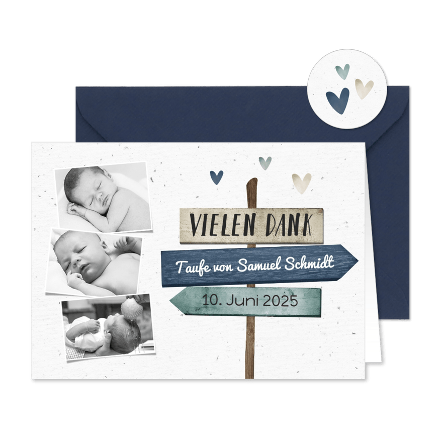 Danksagung zur Taufe blau Fotos, Wegweiser und Herzen - Karteneindruck