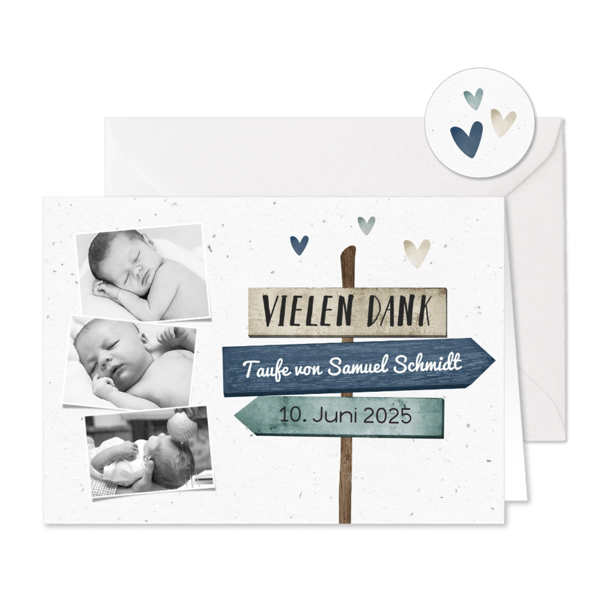 Danksagung zur Taufe blau Fotos, Wegweiser und Herzen - Karteneindruck