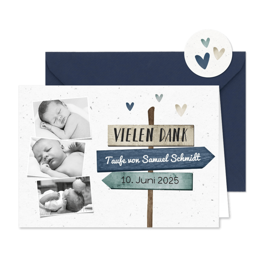 Danksagung zur Taufe blau Fotos, Wegweiser und Herzen - Karteneindruck