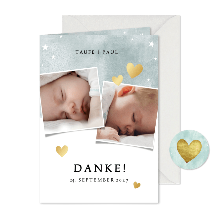 Danksagung zur Taufe blau mit Fotos und Herzen - Karteneindruck
