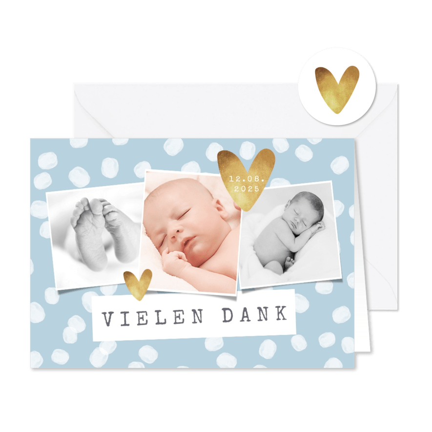 Danksagung zur Taufe blau mit Punkten und Fotos - Karteneindruck
