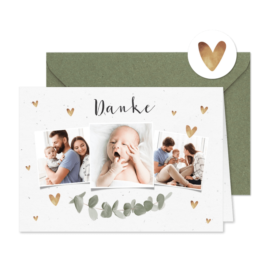 Danksagung zur Taufe Eukalyptus, Fotos und Herzen - Karteneindruck