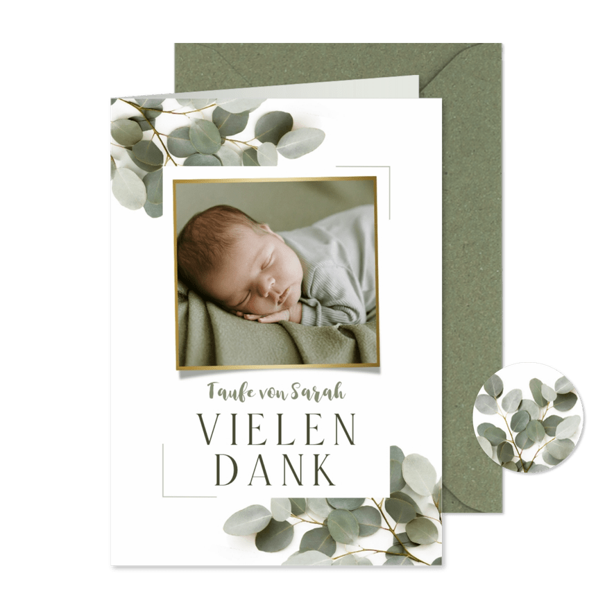 Danksagung zur Taufe Eukalyptus mit Foto und Rahmen - Karteneindruck
