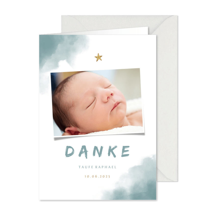 Danksagung zur Taufe Foto blaues Aquarell - Karteneindruck
