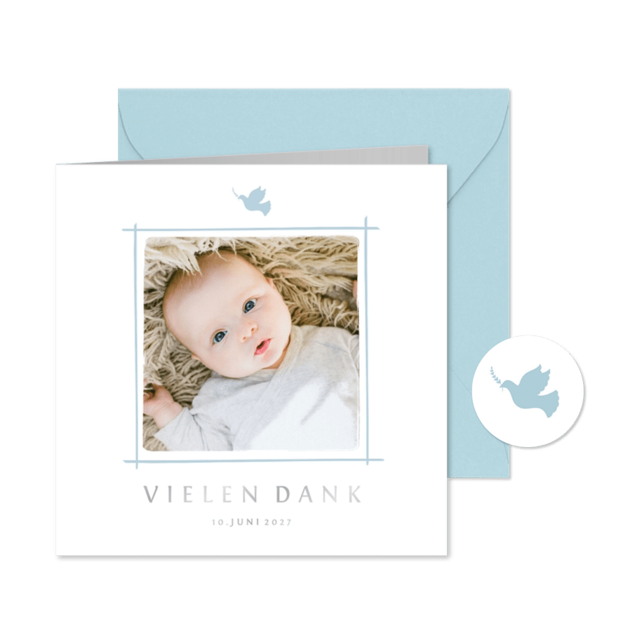 Danksagung zur Taufe Foto hellblaue Taube - Karteneindruck
