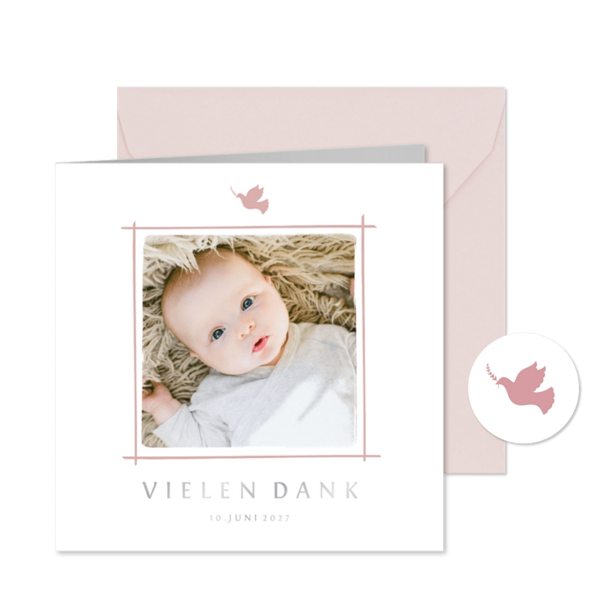 Danksagung zur Taufe Foto rosé Taube - Karteneindruck
