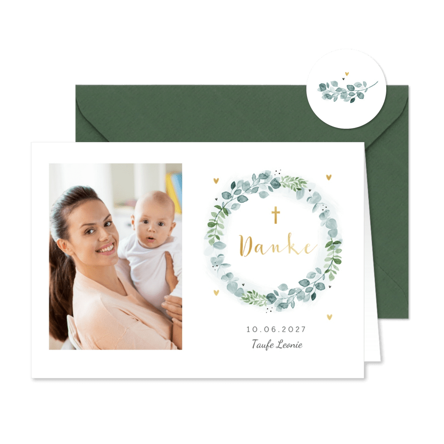 Danksagung zur Taufe Foto & botanischer Blumenkranz - Karteneindruck
